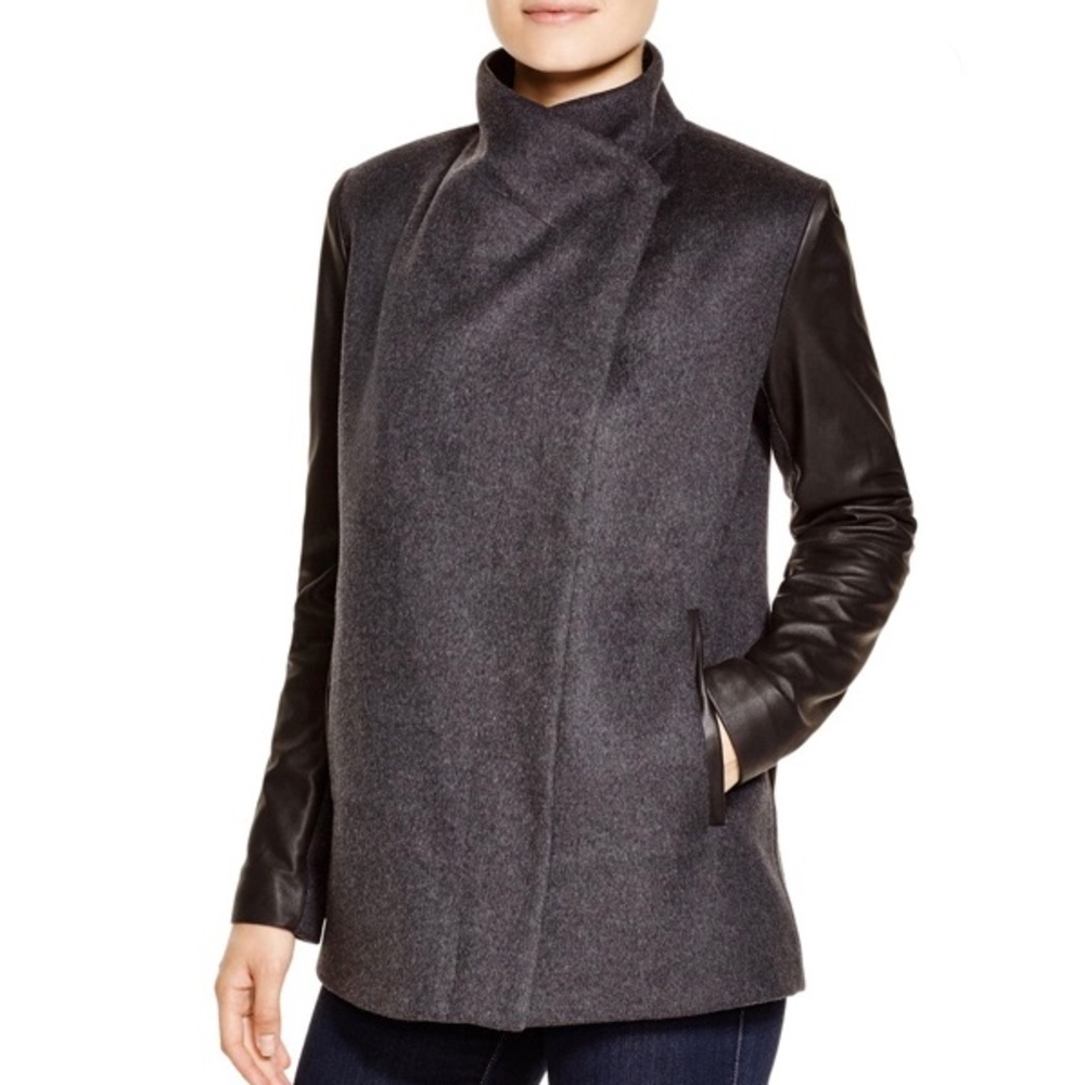 BCBG Charcoal Wool Coat with Leather Details (S)